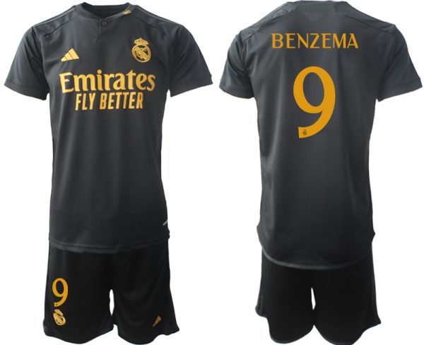 Billiga Fotbollströjor Herr Real Madrid Tredje Tröja 2023-24 Svart Guldgul tröja set Karim Benzema 9
