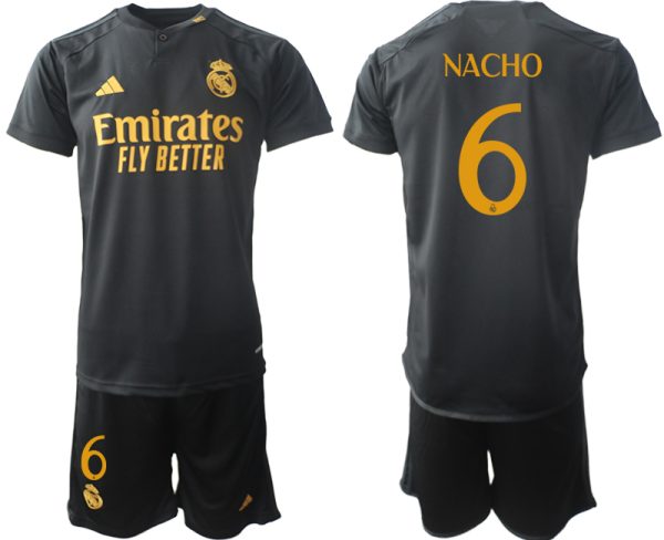 Billiga Fotbollströjor Real Madrid Tredje Tröja 2023-24 Svart Guldgul fotbollströja set Nacho 6