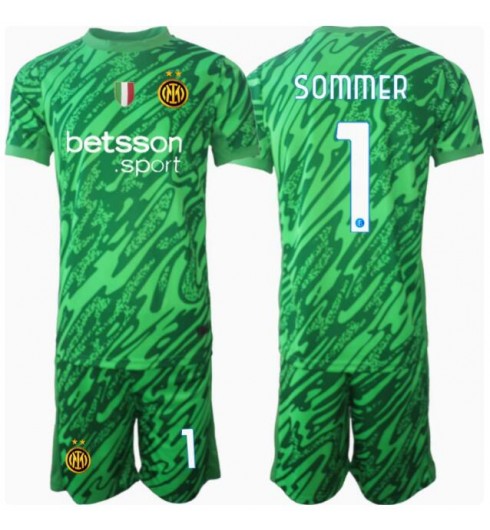 Billiga Fotbollströjor Barn Inter Milan Målvakt Hemmatröja 2024/25 Yann Sommer 1 Kortärmad + Korta byxor