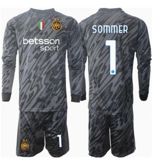 Billiga Fotbollströjo Barn Inter Milan Målvakt Tredjetröja 2024/25 Yann Sommer 1 Långärmad + Korta byxor