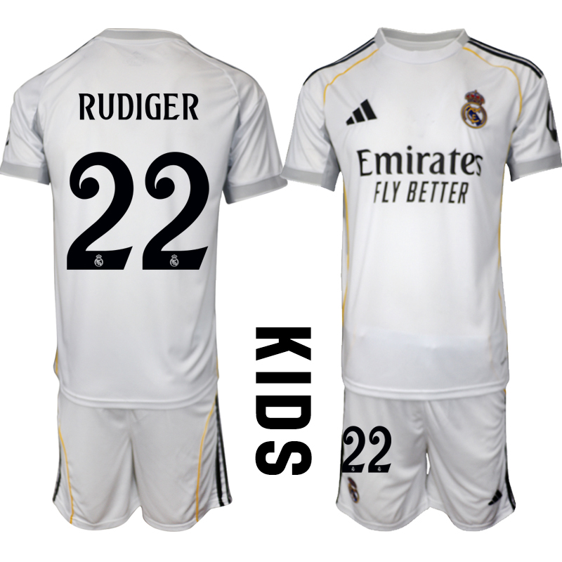Billiga Fotbollströjor Barn Real Madrid Hemmatröja 2025/26 Fotbollssats Antonio Rudiger 22