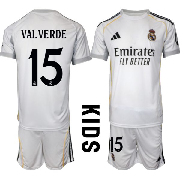 Billiga Fotbollströjor Barn Real Madrid Hemmatröja 2025/26 Fotbollssats Federico Valverde 15
