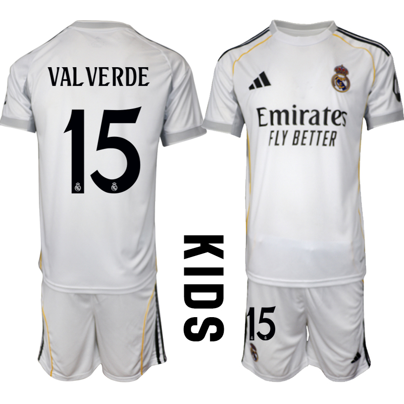 Billiga Fotbollströjor Barn Real Madrid Hemmatröja 2025/26 Fotbollssats Federico Valverde 15