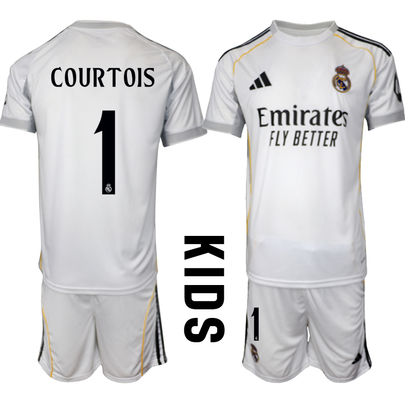 Fotbollströjor Barn Billiga Real Madrid Hemmatröja 2025/26 Fotbollssats Thibaut Courtois 1
