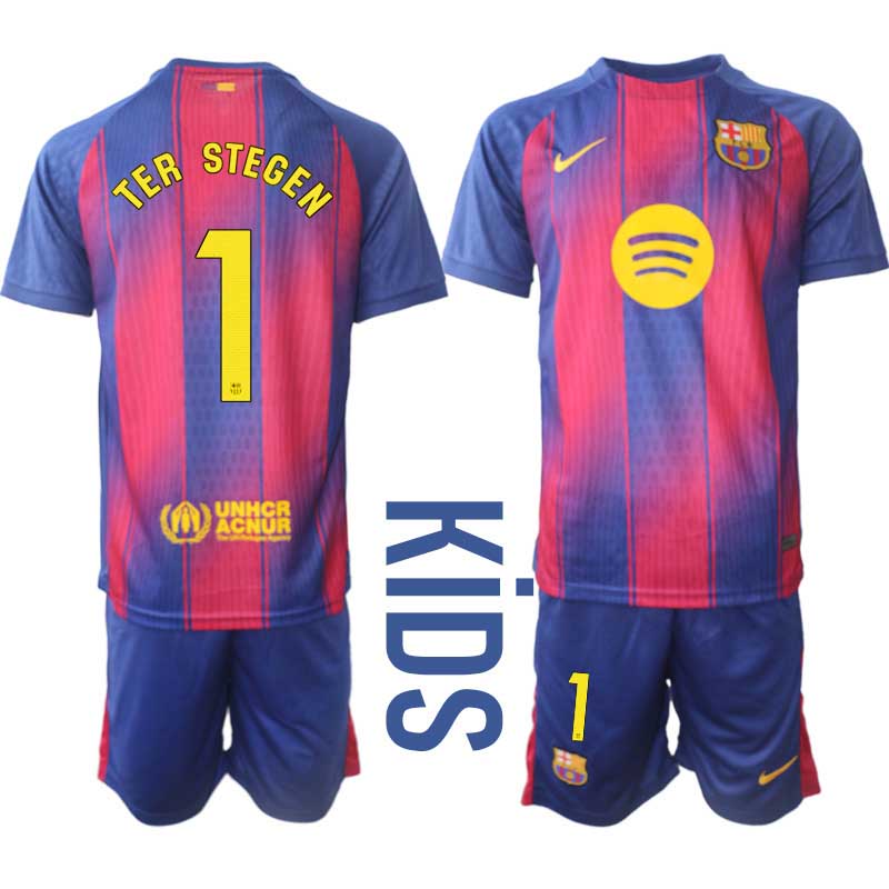 Barn Fotbollskläder Set FC Barcelona Hemmaställ 2025/26 Marc-André ter Stegen 1