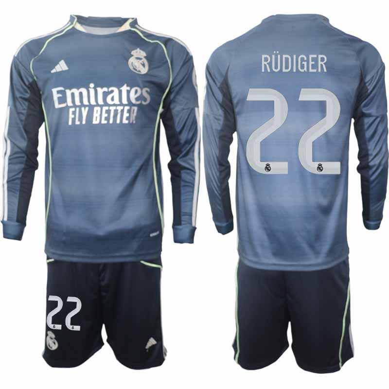 Fotbollskläder Set Herr Real Madrid Antonio Rüdiger #22 Långärmad Bortaställ 2025/26