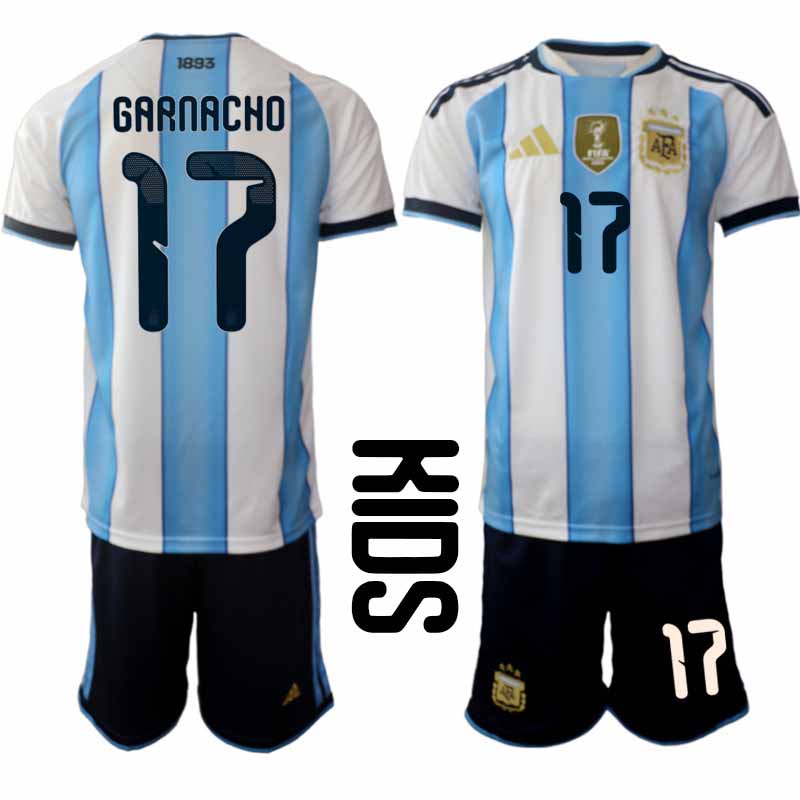 Argentina tröja 2026 VM Hemma Barn Alejandro Garnacho #17 Kortärmad Fotbollsset + Shorts