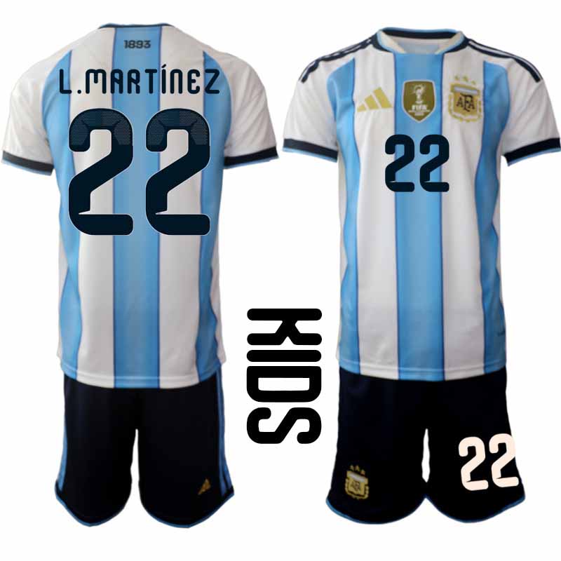Argentina tröja 2026 VM Hemma Barn Lautaro Martínez #22 Kortärmad Fotbollsset + Shorts