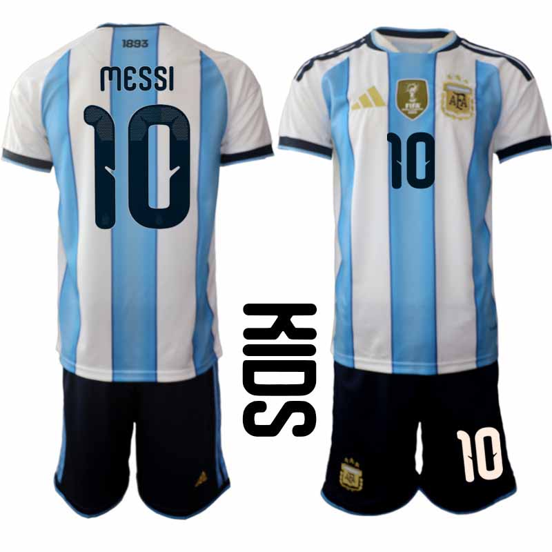 Argentina tröja 2026 VM Hemma Barn Lionel Messi #10 Kortärmad Fotbollsset + Shorts