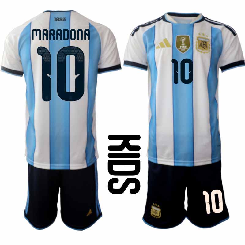 Argentina tröja 2026 VM Hemma Barn Maradona #10 Kortärmad Fotbollsset + Shorts