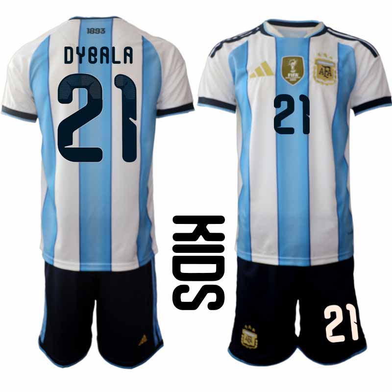 Argentina tröja 2026 VM Hemma Barn Paulo Dybala #21 Kortärmad Fotbollsset + Shorts