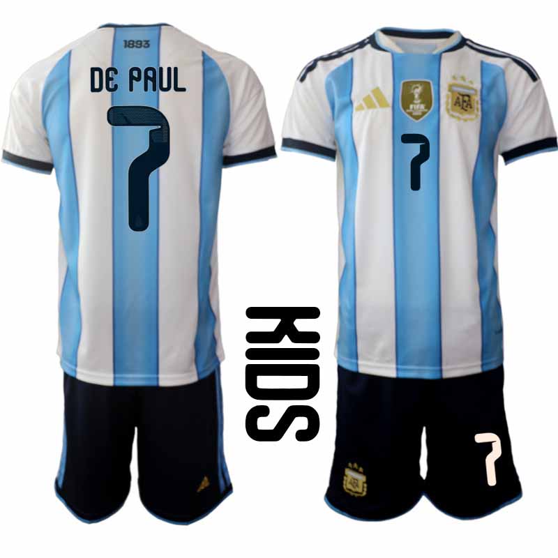 Argentina tröja 2026 VM Hemma Barn Rodrigo De Paul #7 Kortärmad Fotbollsset + Shorts