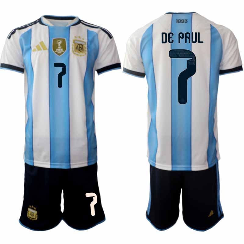 Argentina tröja 2026 VM Hemma Herr Rodrigo De Paul #7 Kortärmad Fotbollsset + Shorts
