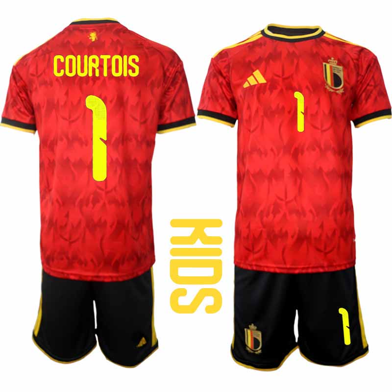 Belgien Hemma Fotbollströja 2026 VM Barn Thibaut Courtois #1 Kortärmad tröja + Shorts