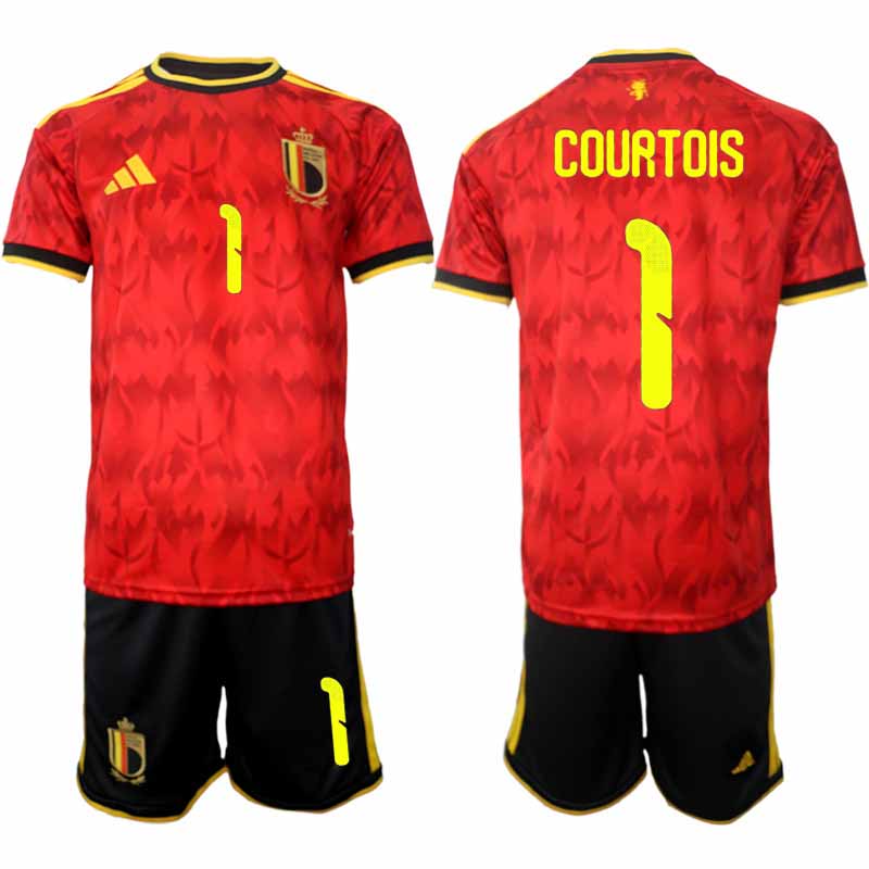 Belgien Hemma Fotbollströja 2026 VM Herr Thibaut Courtois #1 Kortärmad tröja + Shorts