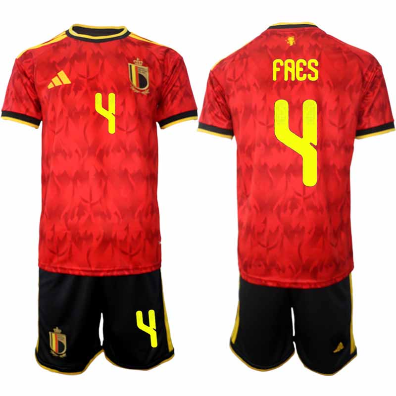 Belgien Hemma Fotbollströja 2026 VM Herr Wout Faes #4 Kortärmad tröja + Shorts