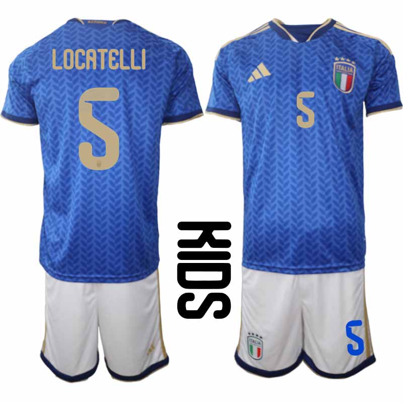 Italien tröja 2026 VM Hemmaställ Barn Manuel Locatelli #5 Fotbollsställ