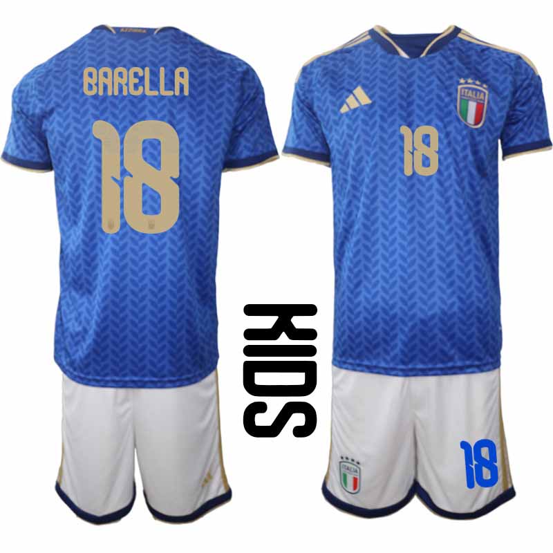 Italien tröja 2026 VM Hemmaställ Barn Nicolo Barella #18 Fotbollsställ
