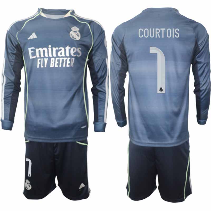 Fotbollskläder Set Herr Real Madrid Thibaut Courtois #1 Långärmad Borta 2025/26