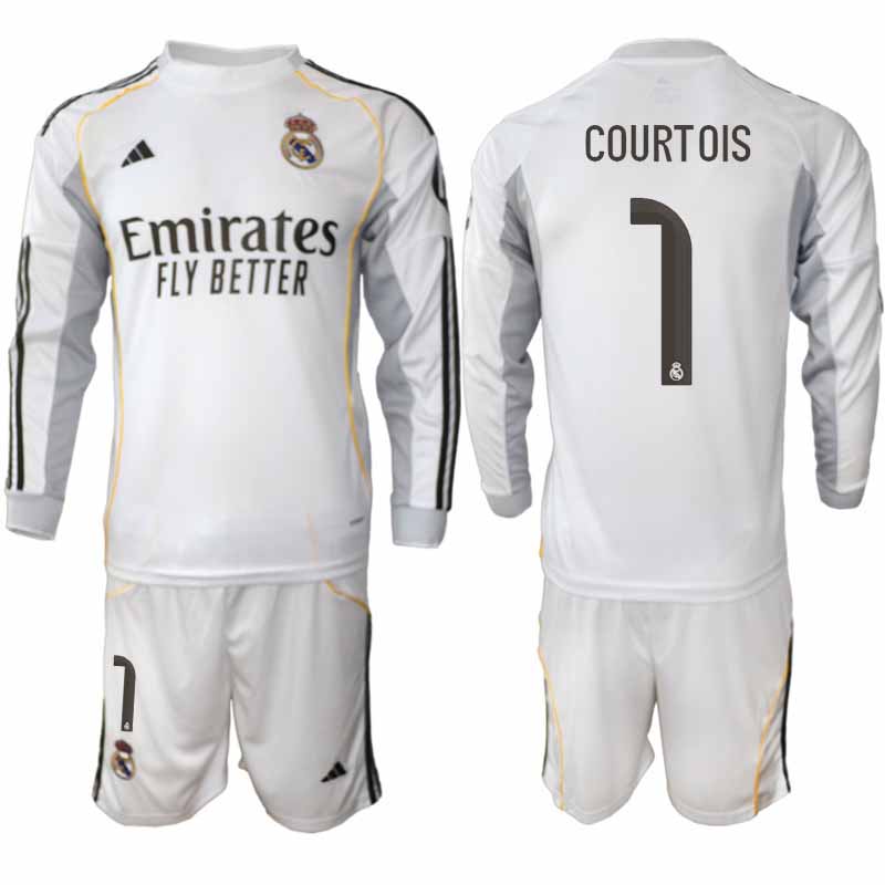 Fotbollskläder Set Herr Real Madrid Thibaut Courtois #1 Långärmad Hemma 2025/26