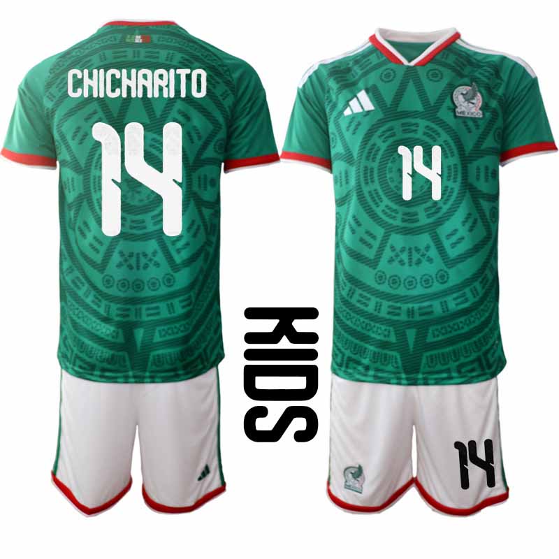 Mexiko tröja 2026 VM Hemma Barn Chicharito #14 Kortärmad Matchtröja + Shorts