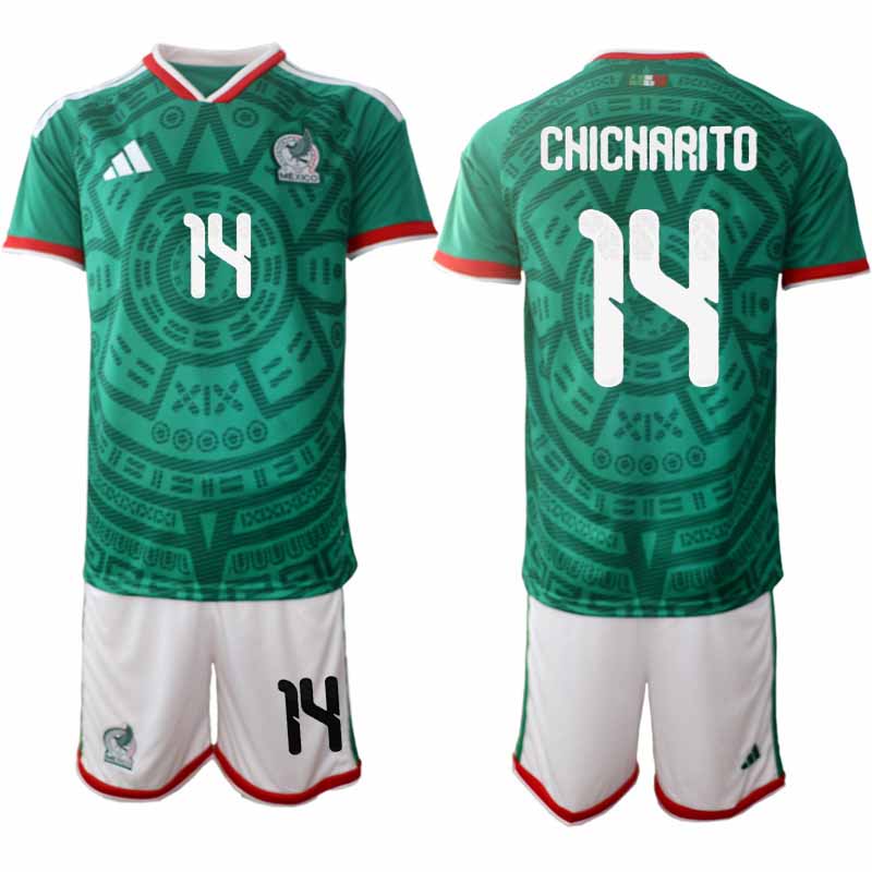Mexiko tröja 2026 VM Hemma Herr Chicharito #14 Kortärmad Matchtröja + Shorts