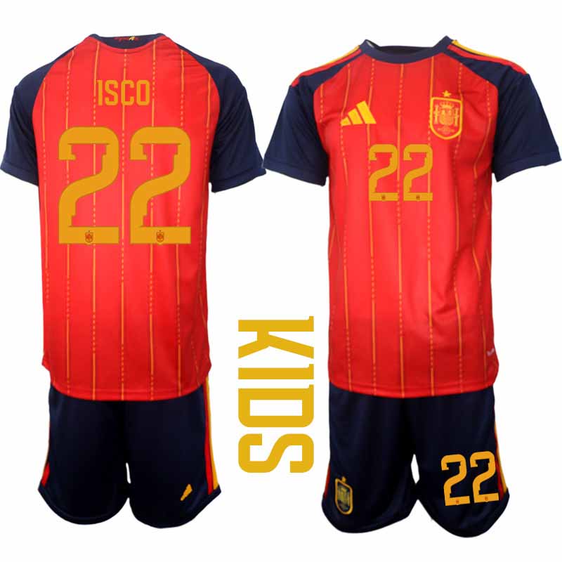 Spanien Fotbollströja 2026 VM Hemmaställ Barn Isco #22 Kortärmad tröja + Shorts