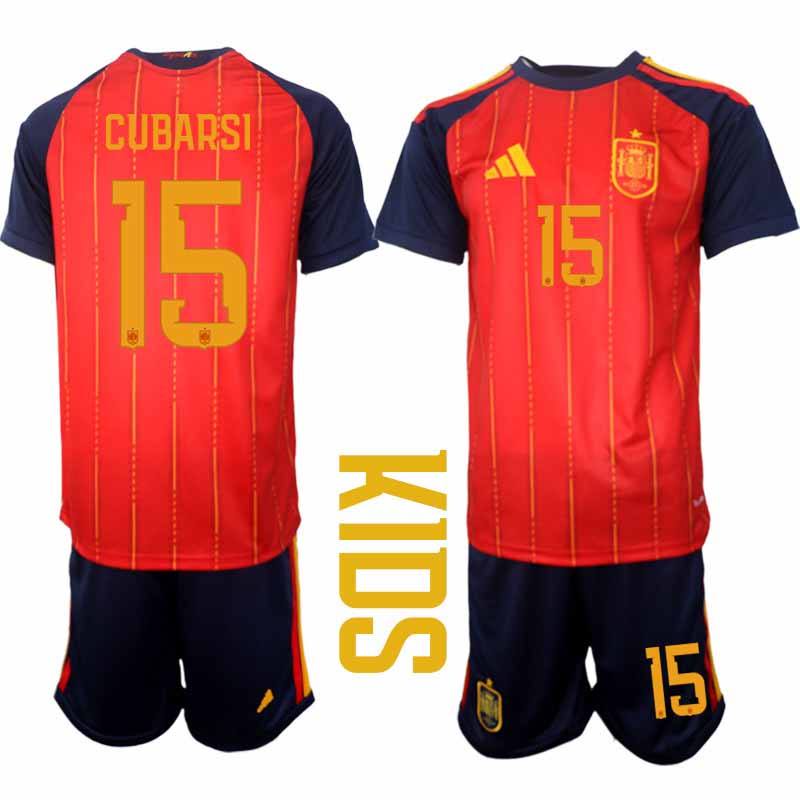 Spanien tröja 2026 VM Hemma Barn Pau Cubarsí #15 Kortärmad matchtröja + Shorts