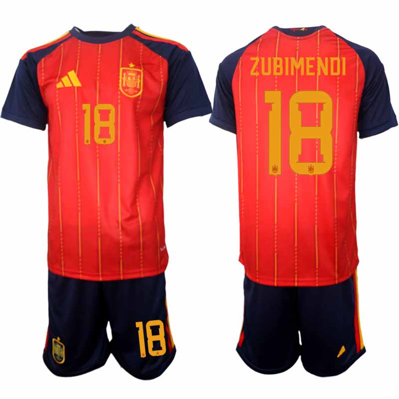 Spanien tröja 2026 VM Hemma Herr Mikel Zubimendi #18 Kortärmad matchtröja + Shorts