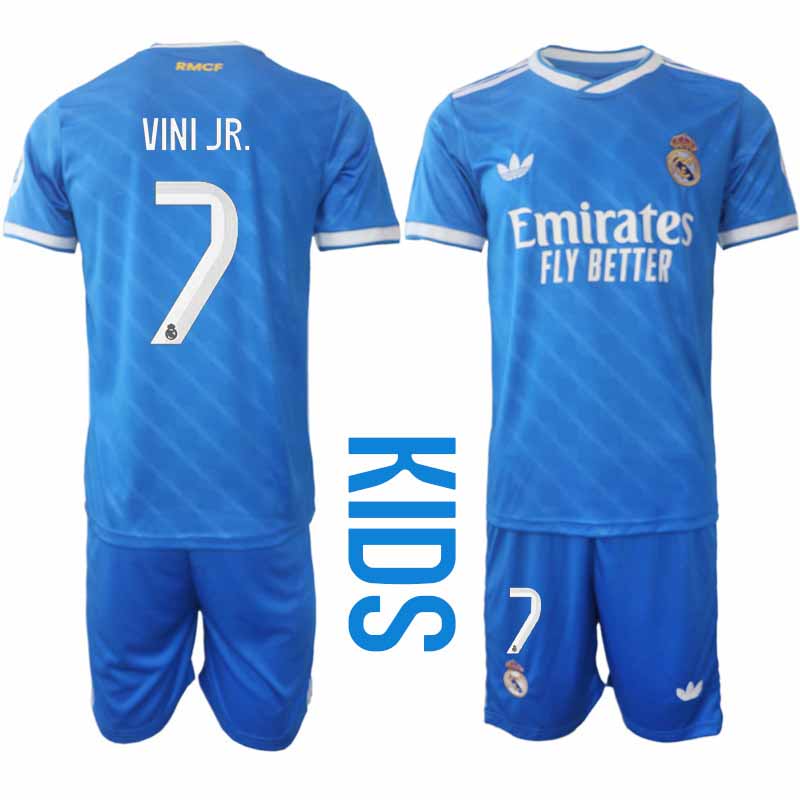 Fotbollströjor med tryck Vinicius Junior #7 Real Madrid Barn Tredjeställ 2025-26 Tröja + Shorts