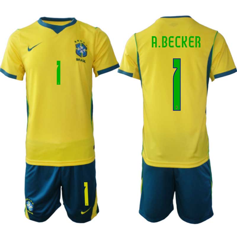 Brasilien Hemmatröja VM 2026 Alisson Becker #1 Herr – Kortärmad + Shorts