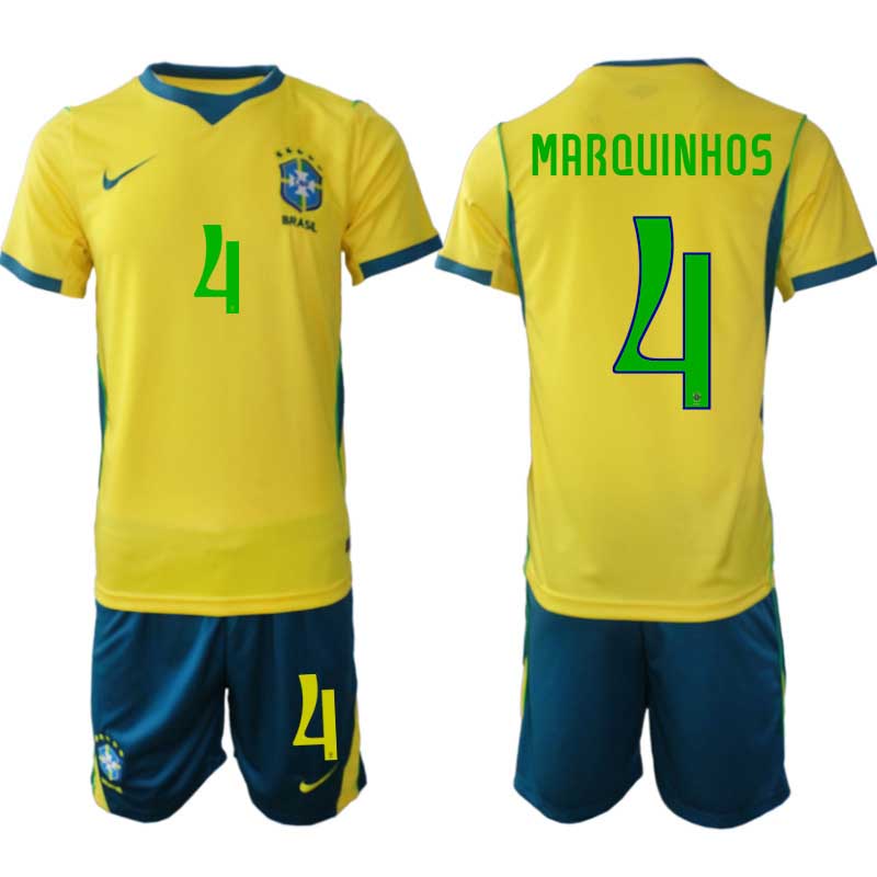 Brasilien Hemmatröja VM 2026 Marquinhos #4 Herr – Kortärmad + Shorts