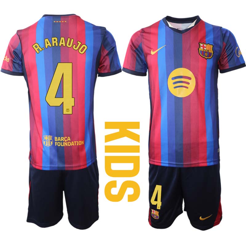 FC Barcelona Fotbollskläder 2026/27 Ronald Araujo 4 Barn Hemmatröja Set