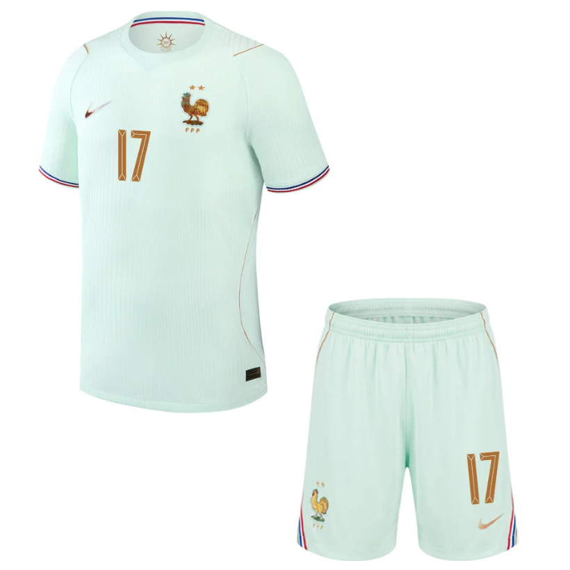 Frankrike Fotbollströja VM 2026 Bortaströja Barn William Saliba 17 Fotbollsset -1