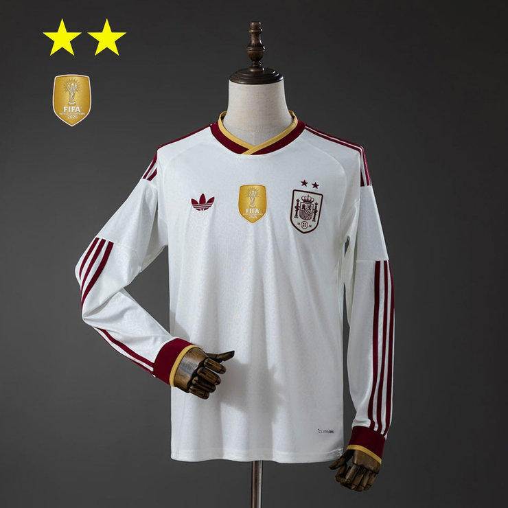 Spanien VM 2026 Bortaställ Herr Långärmad Matchtröja Mästarutgåva Två Stjärnor
