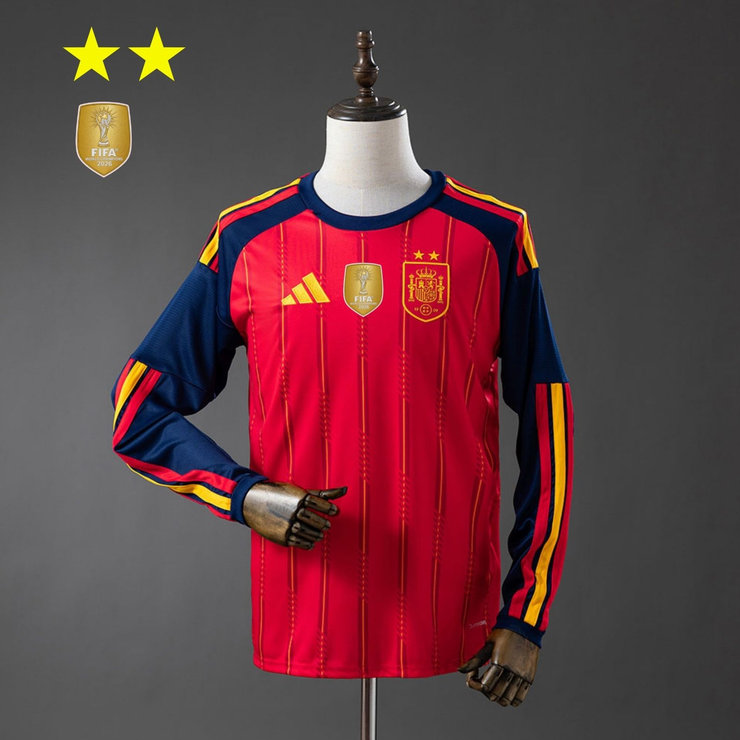 Spanien VM 2026 Hemmaställ Herr Långärmad Matchtröja Mästarutgåva Två Stjärnor