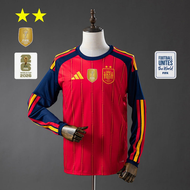 Spanien VM 2026 Hemmaställ Långärmad matchtröja Mästarutgåva Två Stjärnor med VM 2026 Ärmemblem